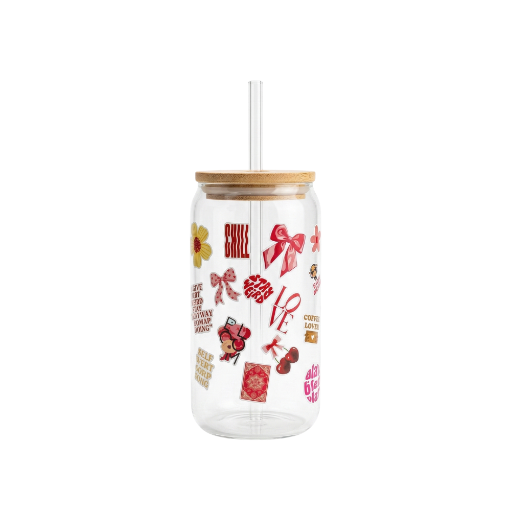 Sweet Charms printed Glass Tumbler with Bamboo lid and Glass straw