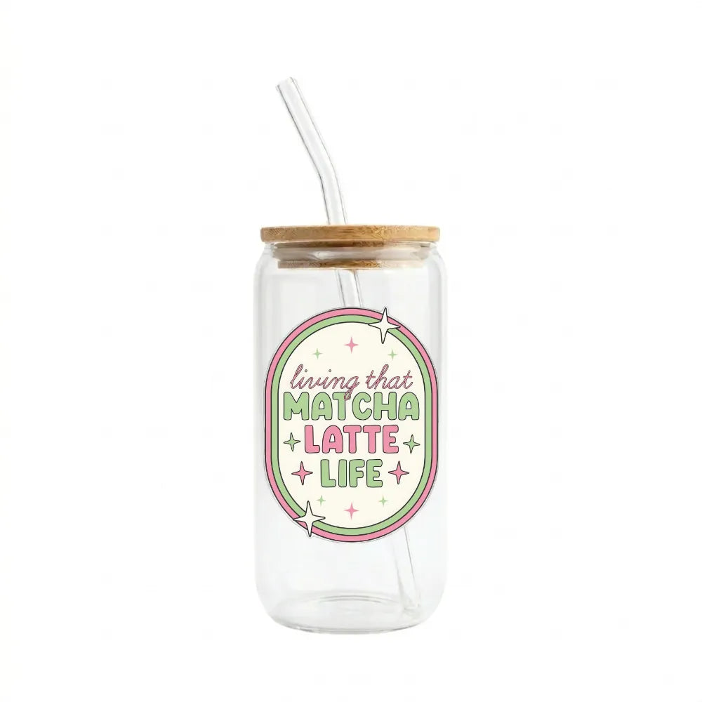 Matcha Latte Life Printed Glass Tumbler with Bamboo Lid & Glass Straw