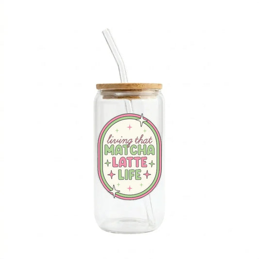Matcha Latte Life Printed Glass Tumbler with Bamboo Lid & Glass Straw