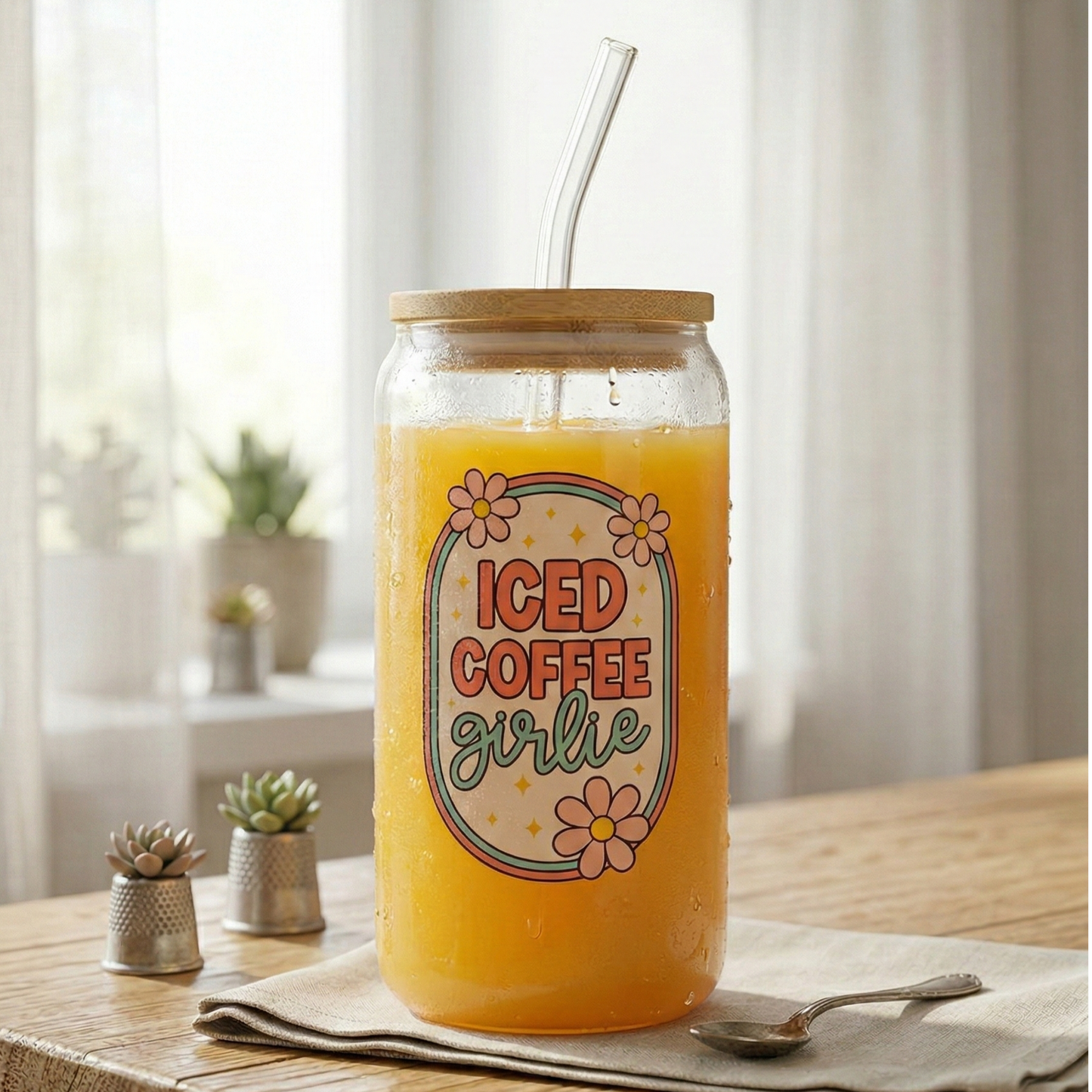 ICED Coffee Girlie printed Glass Tumbler with Bamboo lid and Glass straw