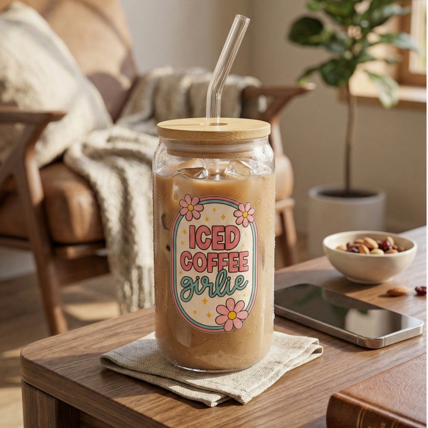 ICED Coffee Girlie printed Glass Tumbler with Bamboo lid and Glass straw