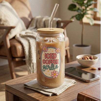 ICED Coffee Girlie printed Glass Tumbler with Bamboo lid and Glass straw