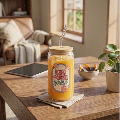 ICED Coffee Girlie printed Glass Tumbler with Bamboo lid and Glass straw