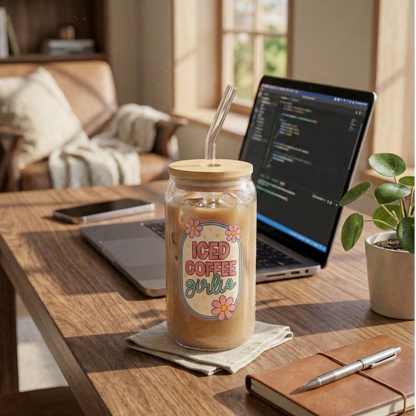 ICED Coffee Girlie printed Glass Tumbler with Bamboo lid and Glass straw