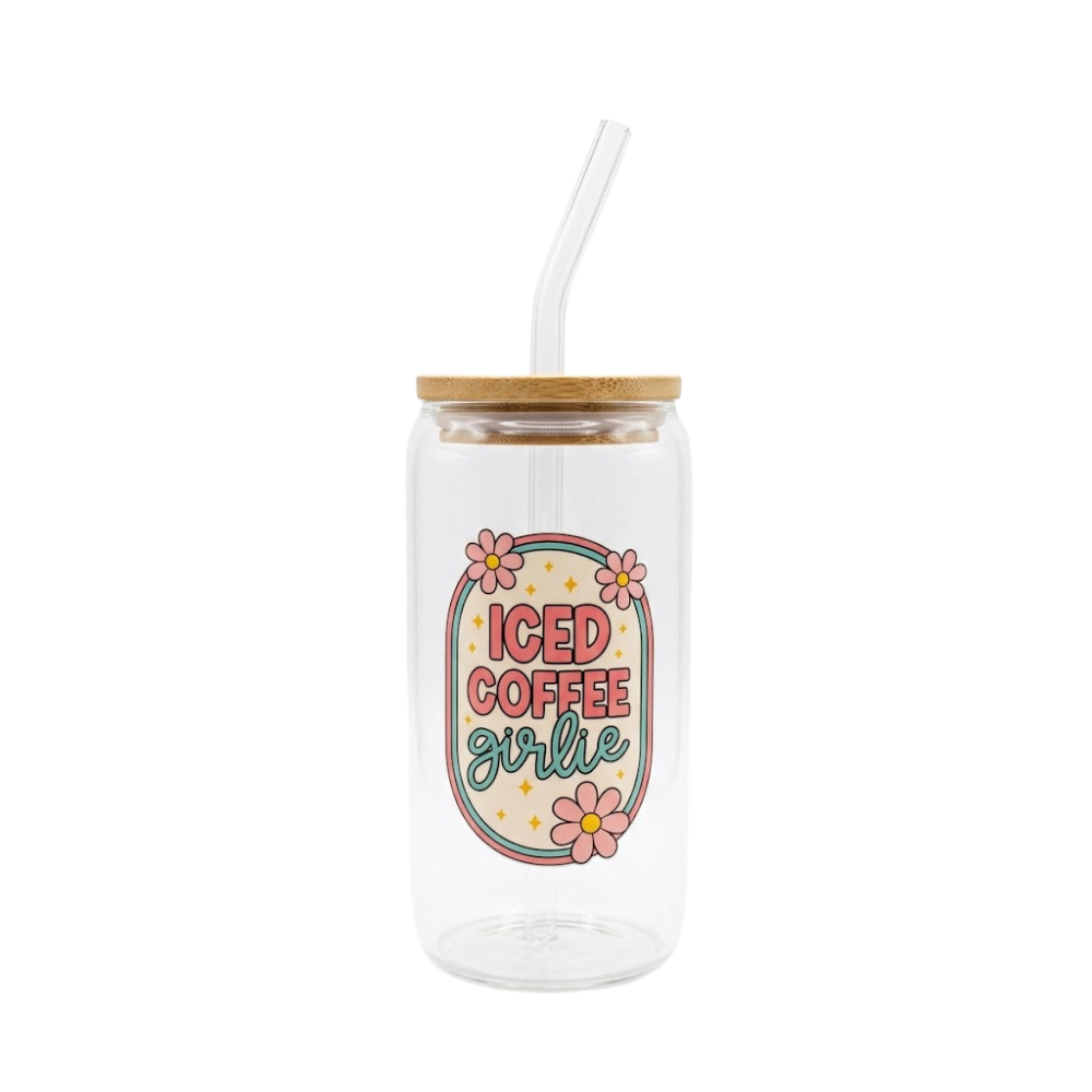 ICED Coffee Girlie printed Glass Tumbler with Bamboo lid and Glass straw