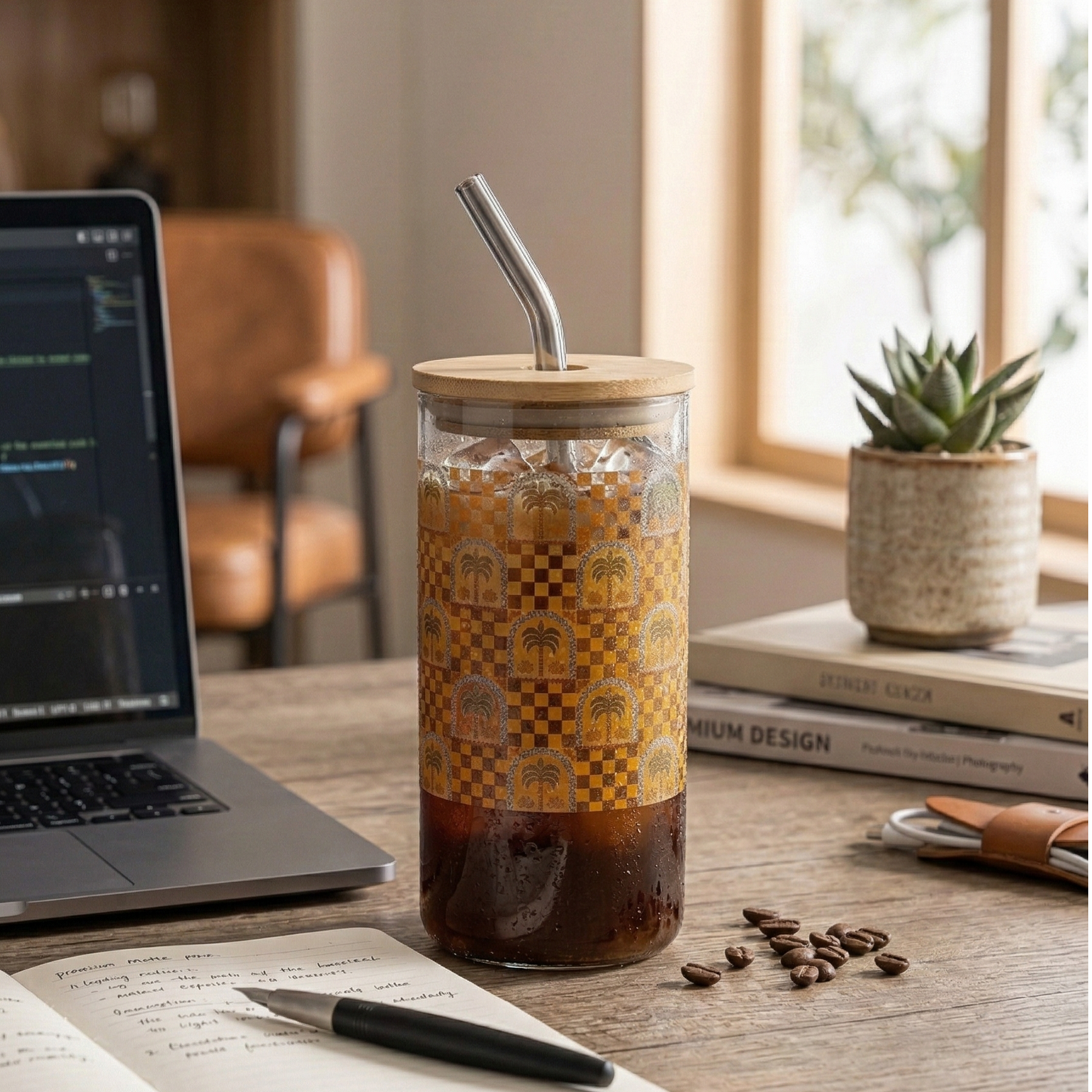 Grey shaded glass tumbler with a printed design, Bamboo lid and glass straw