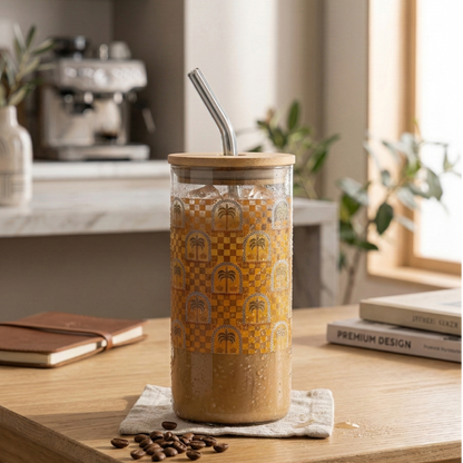 Grey shaded glass tumbler with a printed design, Bamboo lid and glass straw