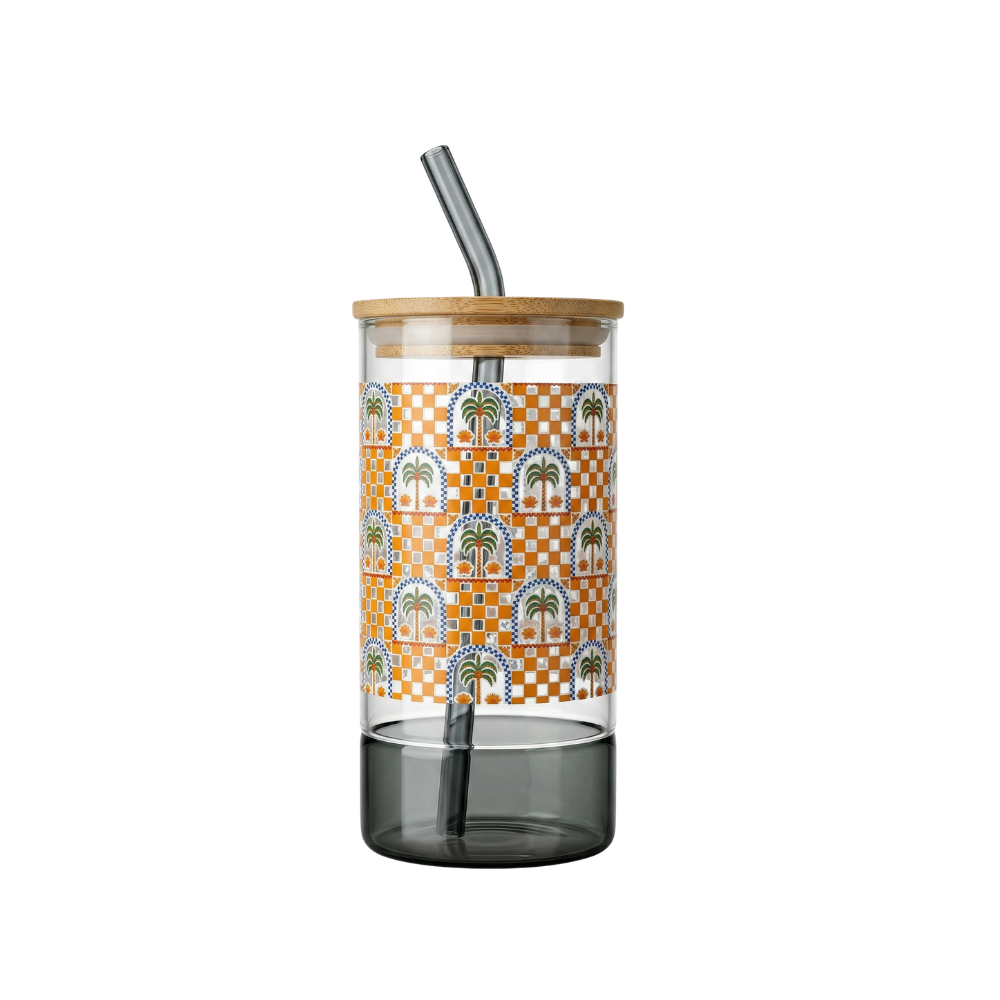 Grey shaded glass tumbler with a printed design, Bamboo lid and glass straw