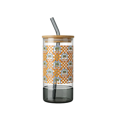 Grey shaded glass tumbler with a printed design, Bamboo lid and glass straw