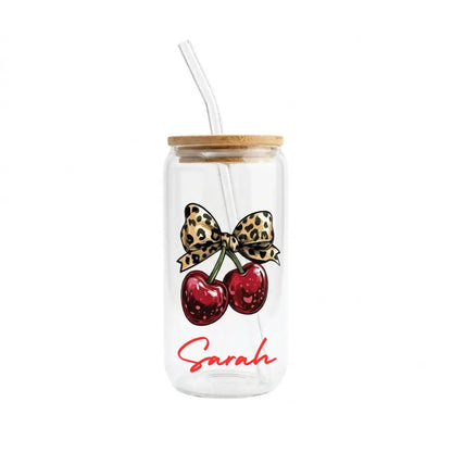 Customized Glass Tumbler with Bamboo lid and Glass straw