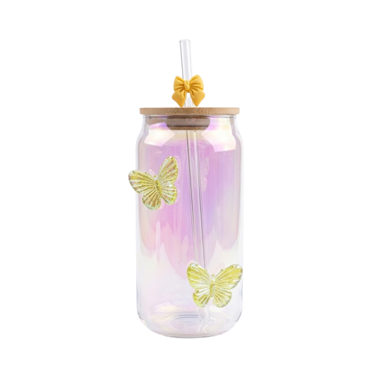 Two Yellow Butterflies Glass Tumbler with Bamboo lid and Bow glass straw