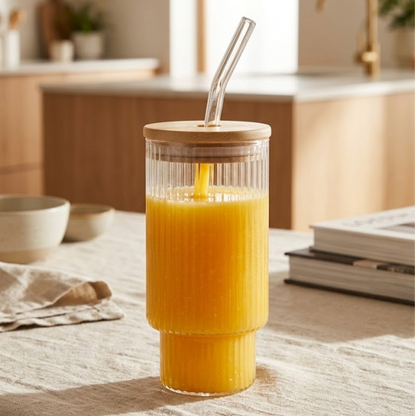 Glass tumbler with Bamboo lid and glass straw