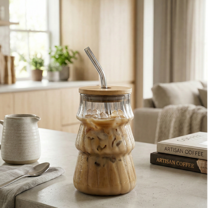 Grey shaded glass tumbler with Bamboo lid and glass straw