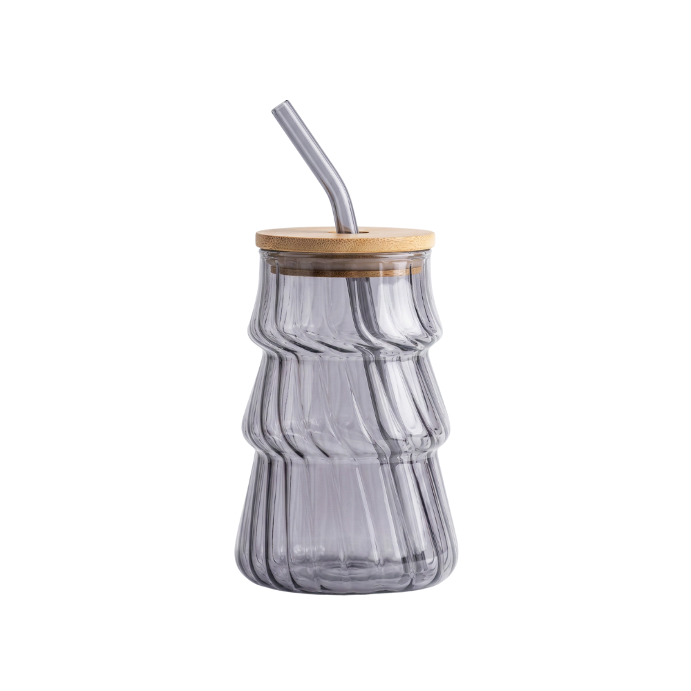 Grey shaded glass tumbler with Bamboo lid and glass straw