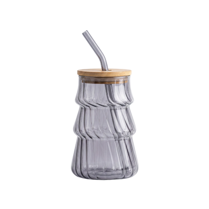 Grey shaded glass tumbler with Bamboo lid and glass straw