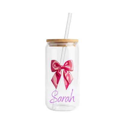 Customized Glass Tumbler with Bamboo lid and Glass straw