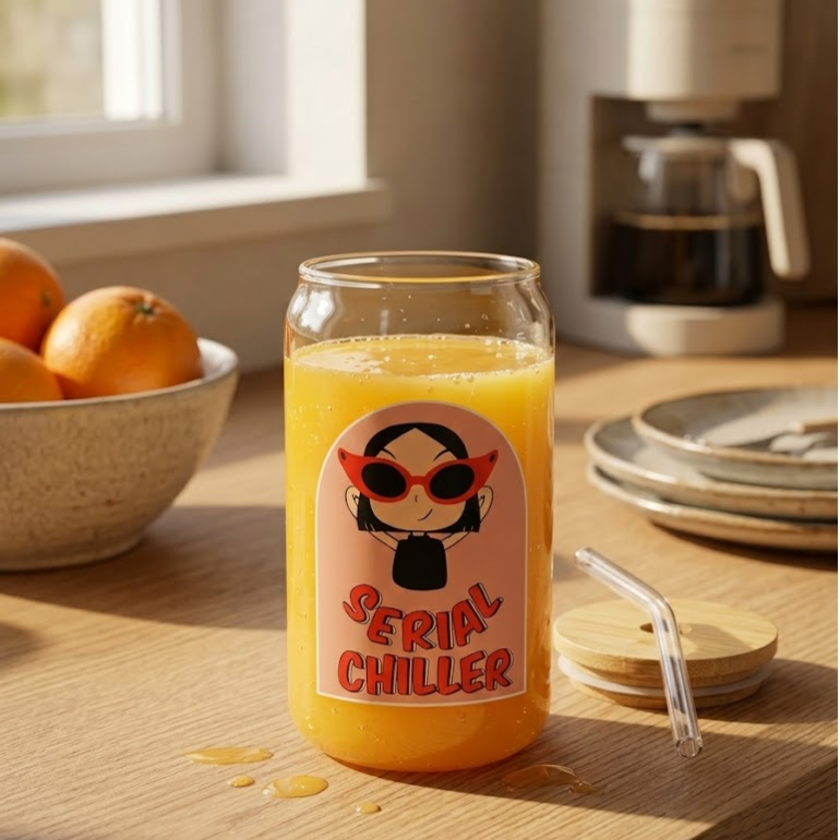 Serial Chiller printed Glass Tumbler with Bamboo lid and Glass straw