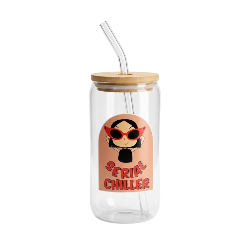 Serial Chiller printed Glass Tumbler with Bamboo lid and Glass straw