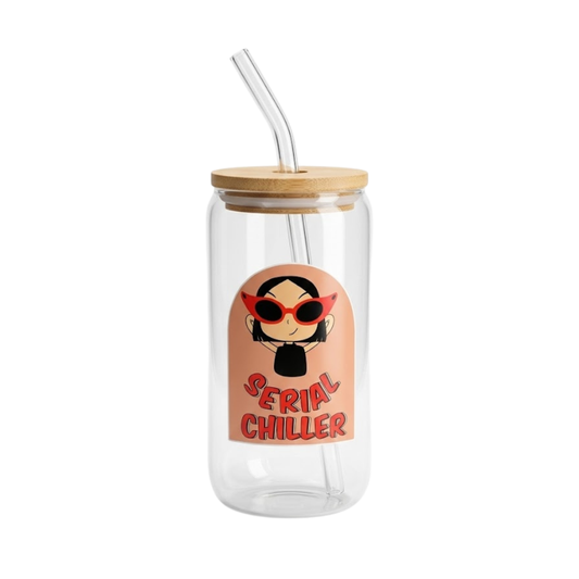 Serial Chiller printed Glass Tumbler with Bamboo lid and Glass straw