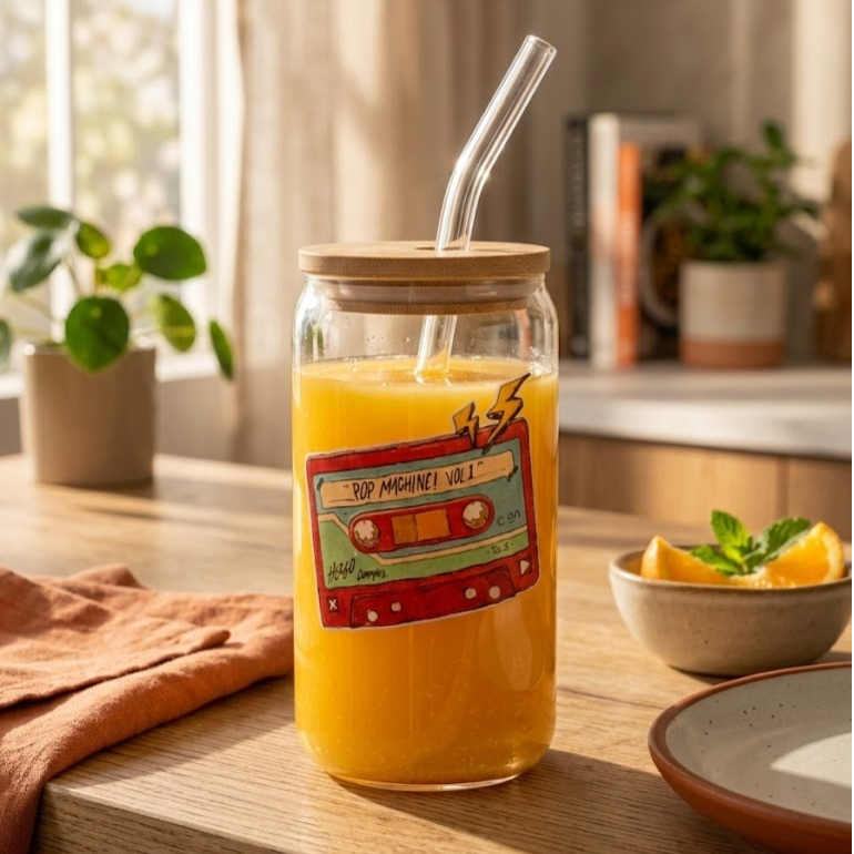 Cassette printed Glass Tumbler with Bamboo lid and Glass straw