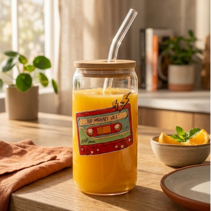 Cassette printed Glass Tumbler with Bamboo lid and Glass straw