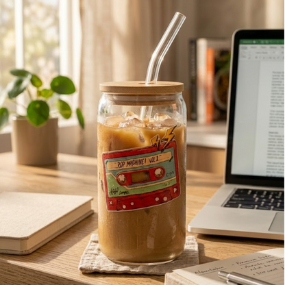 Cassette printed Glass Tumbler with Bamboo lid and Glass straw