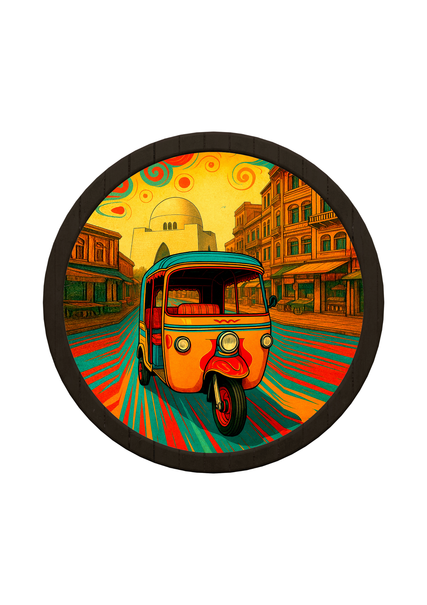 Mazar-e-Quaid and Rickshaw Art Round Wooden Tray