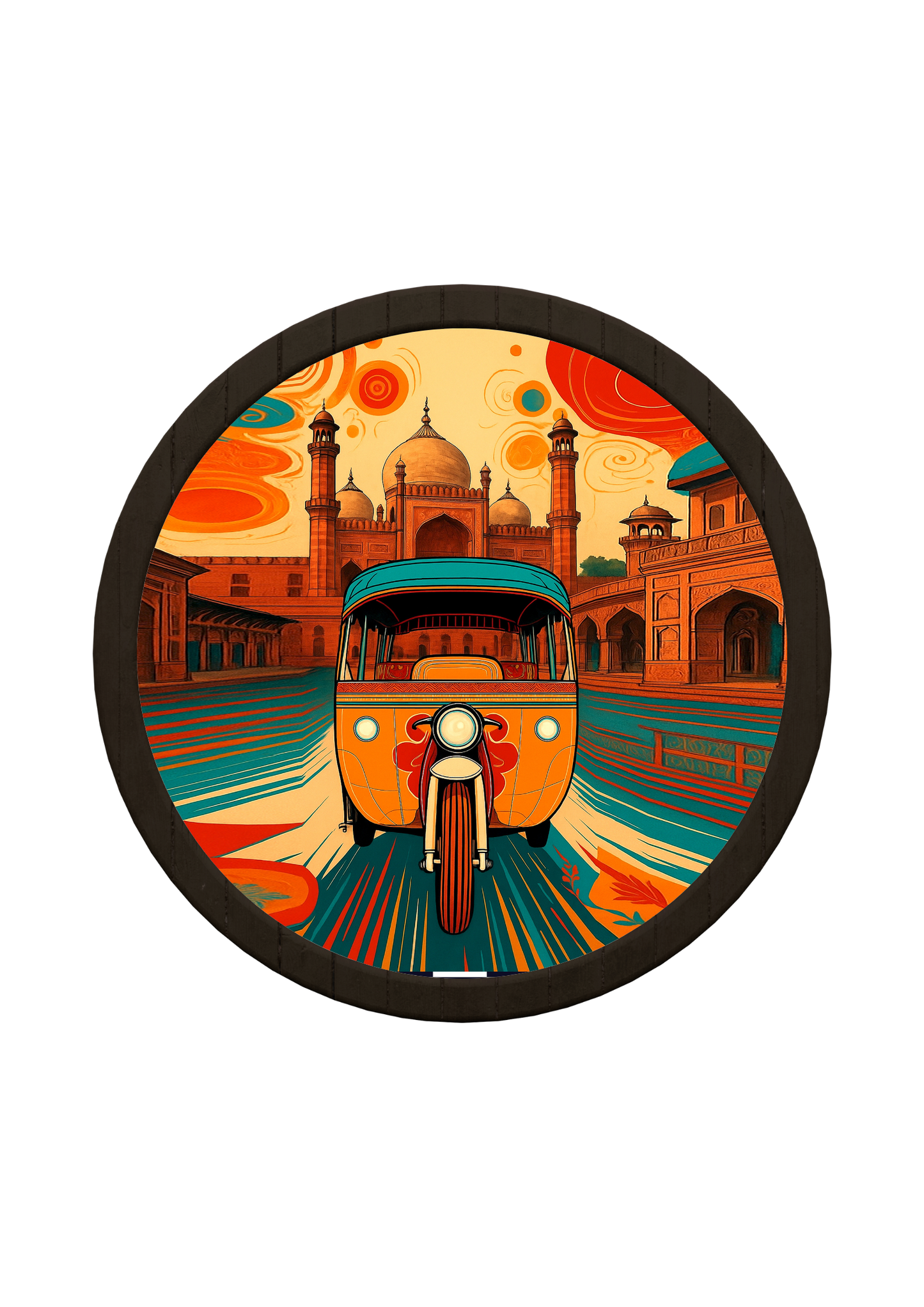 Badshahi Mosque And Rickshaw Art Round Wooden Tray