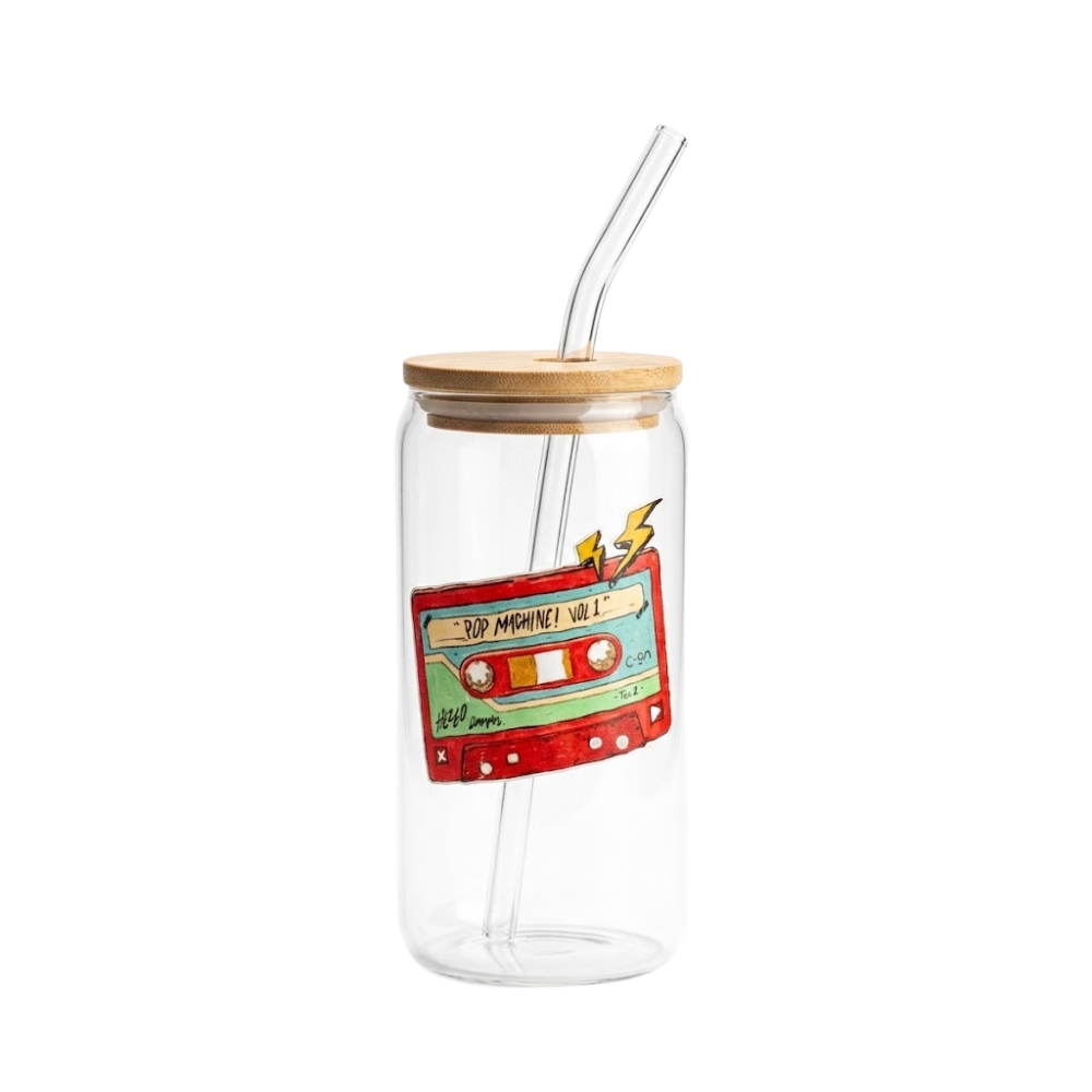 Cassette printed Glass Tumbler with Bamboo lid and Glass straw