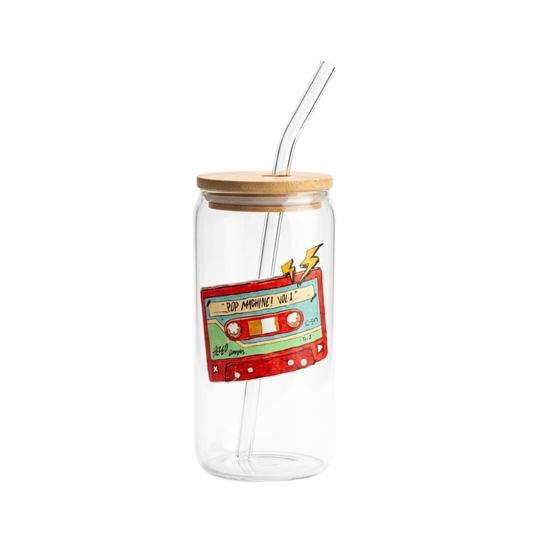 Cassette printed Glass Tumbler with Bamboo lid and Glass straw