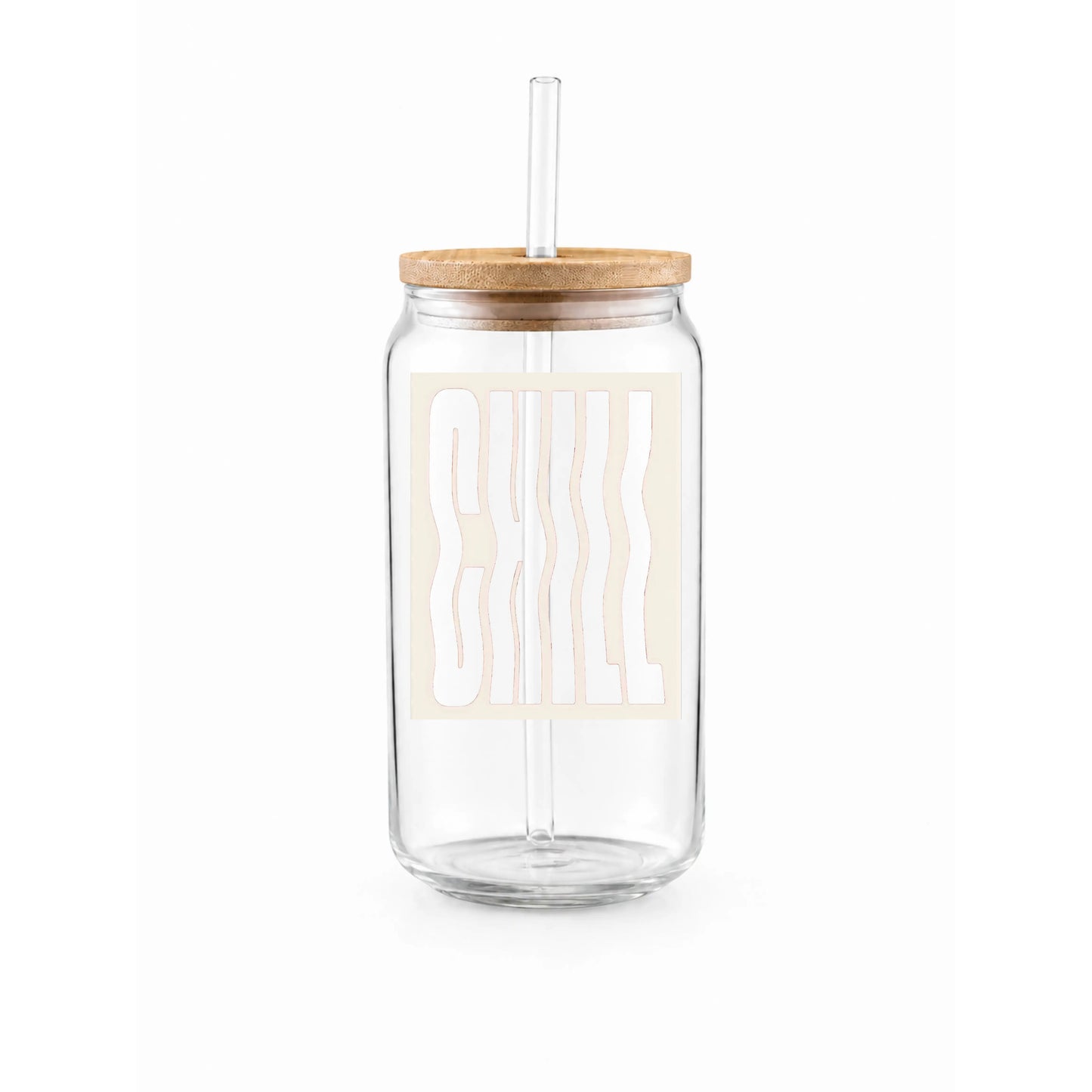 Transparent “Chill” Printed Glass Tumbler with Bamboo Lid and Glass Straw