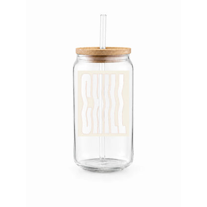 Transparent “Chill” Printed Glass Tumbler with Bamboo Lid and Glass Straw