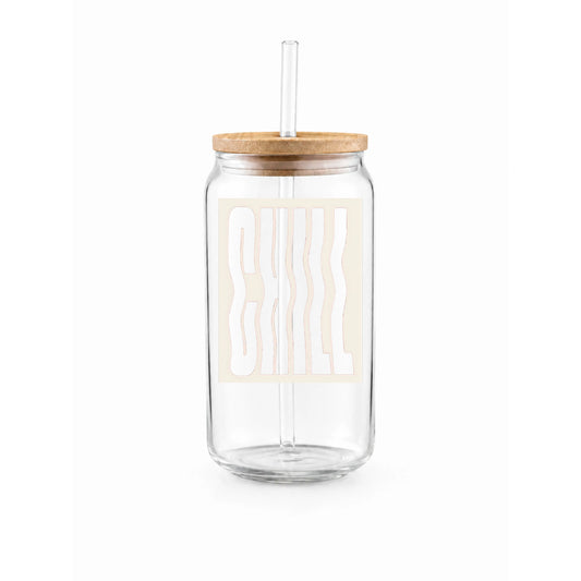 Transparent “Chill” Printed Glass Tumbler with Bamboo Lid and Glass Straw