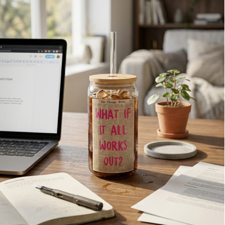 "What if it all works out?" printed Glass Tumbler with Bamboo lid and Glass straw