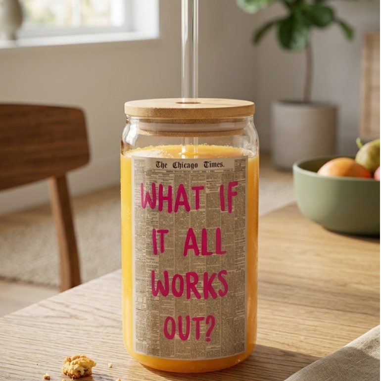 "What if it all works out?" printed Glass Tumbler with Bamboo lid and Glass straw