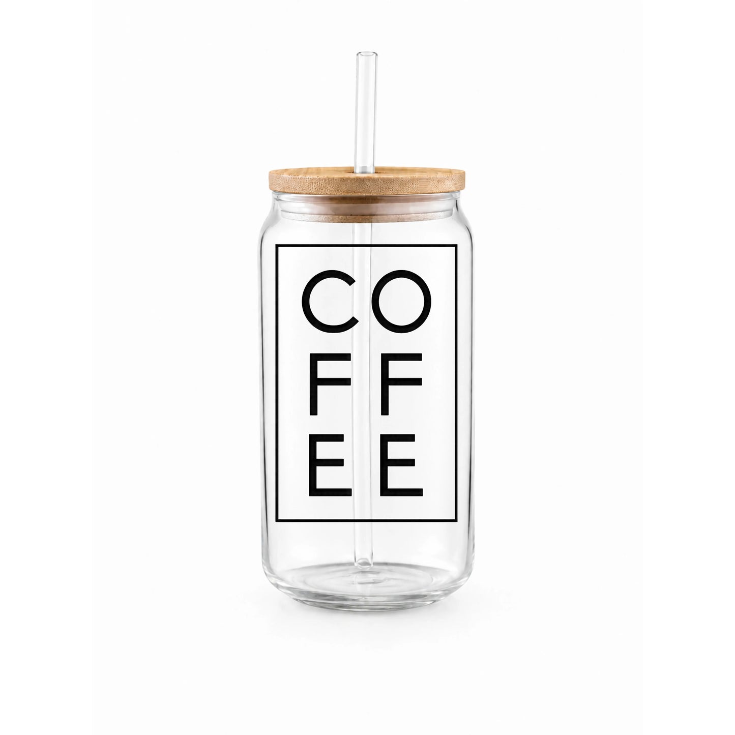 “Coffee” Minimal Printed Glass Tumbler with Bamboo Lid and Glass Straw
