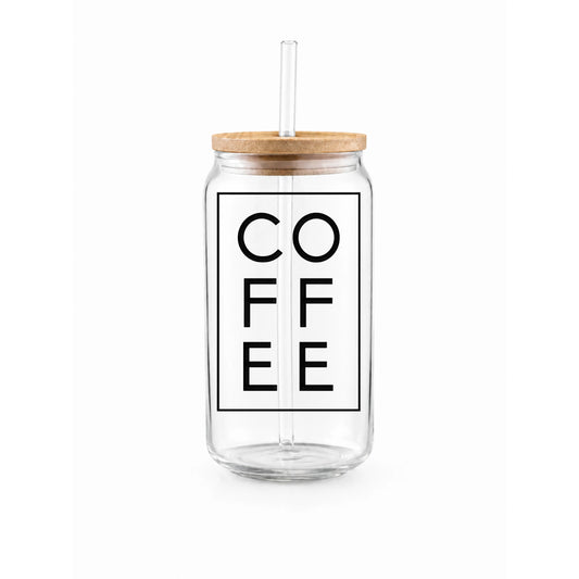 “Coffee” Minimal Printed Glass Tumbler with Bamboo Lid and Glass Straw