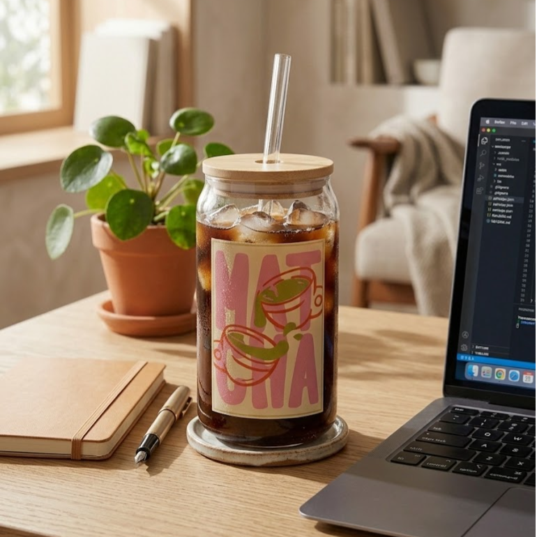 MATCHA printed Glass Tumbler with Bamboo lid and Glass straw