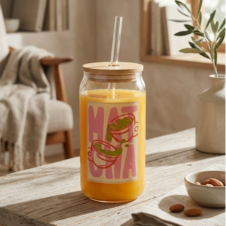 MATCHA printed Glass Tumbler with Bamboo lid and Glass straw