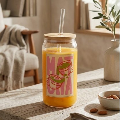 MATCHA printed Glass Tumbler with Bamboo lid and Glass straw