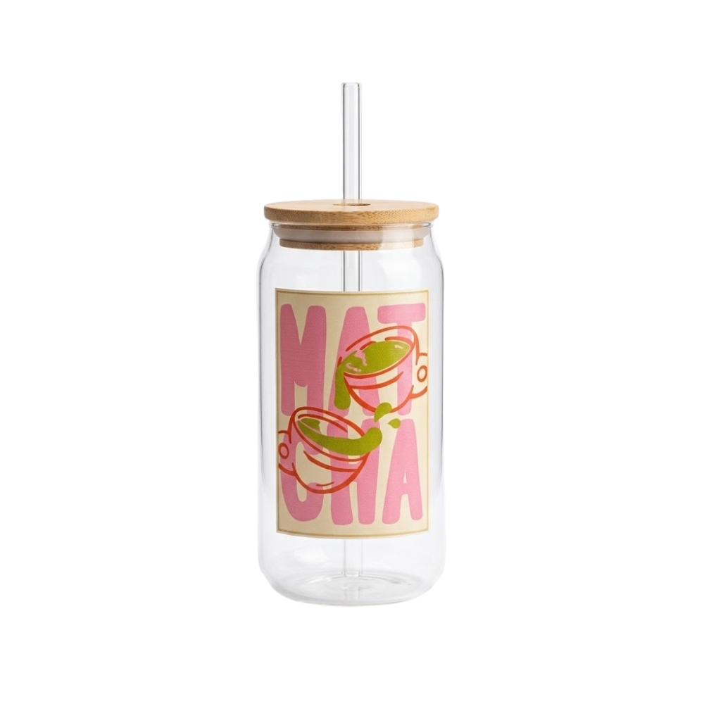 MATCHA printed Glass Tumbler with Bamboo lid and Glass straw
