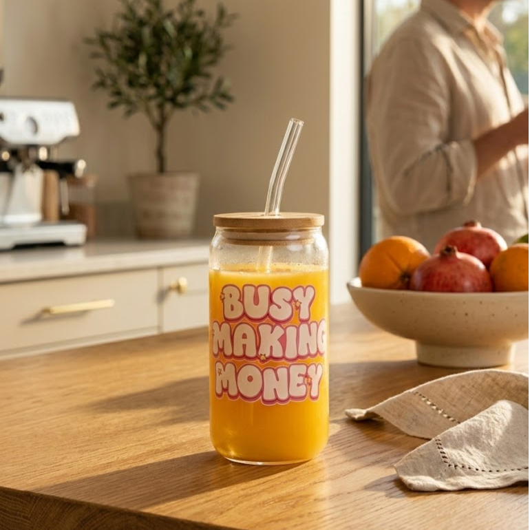 BUSY MAKING MONEY printed Glass Tumbler with Bamboo lid and Glass straw