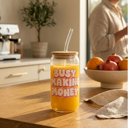 BUSY MAKING MONEY printed Glass Tumbler with Bamboo lid and Glass straw