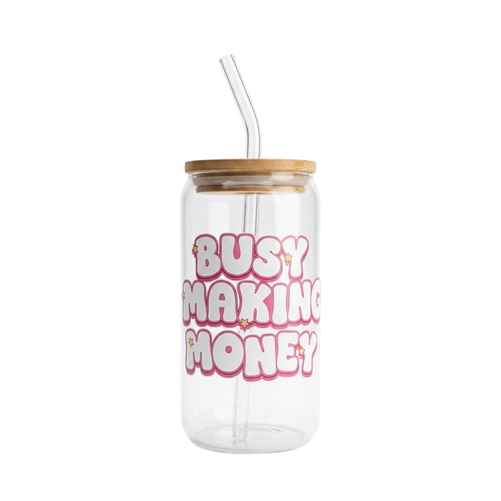 BUSY MAKING MONEY printed Glass Tumbler with Bamboo lid and Glass straw