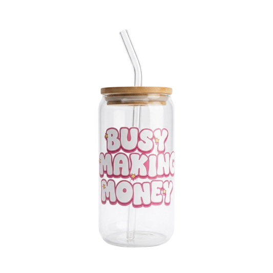 BUSY MAKING MONEY printed Glass Tumbler with Bamboo lid and Glass straw