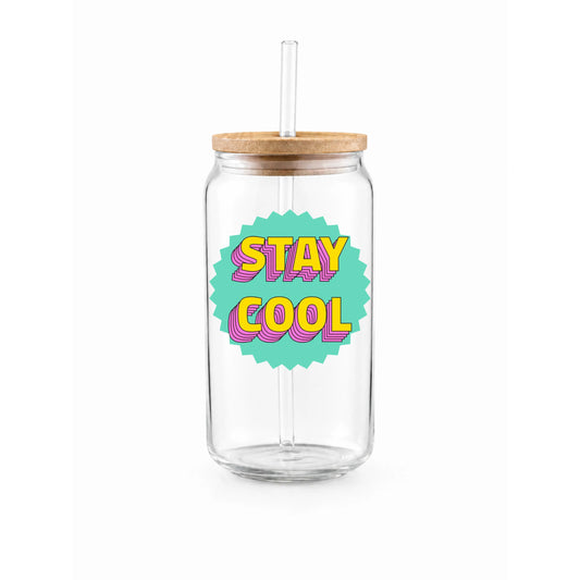 “Stay Cool” Printed Glass Tumbler with Bamboo Lid and Glass Straw