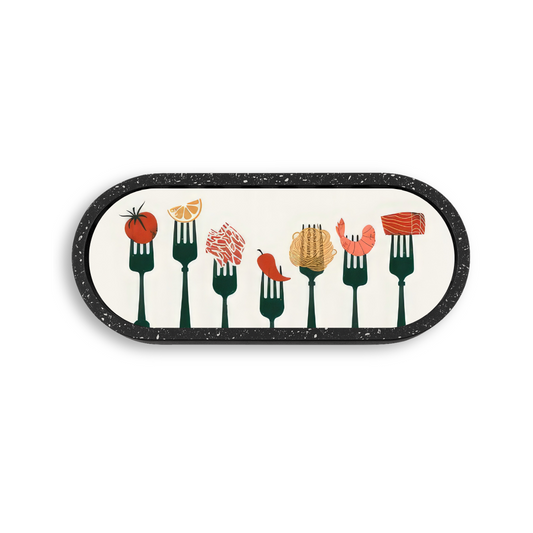 Decorative tray with fork-shaped containers holding food items on a white background