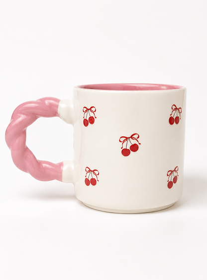 White and Pink Ceramic Mug with printed Cherries