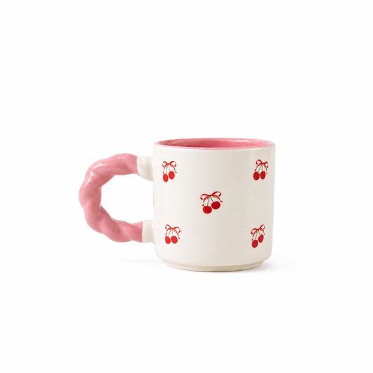 White and Pink Ceramic Mug with printed Cherries
