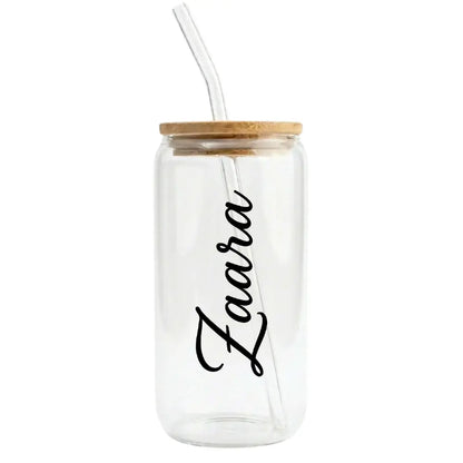 Customized Glass Tumbler with Bamboo lid and Glass straw